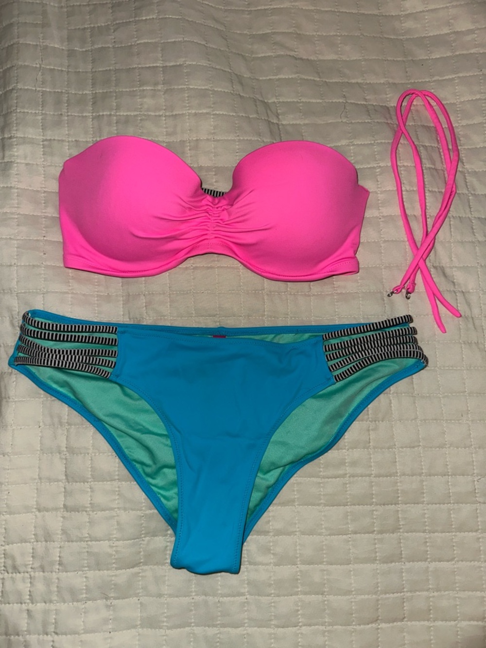 Victoria's Secret Neon Pink Bandeau Bikini Top with Aqua Blue Bottoms